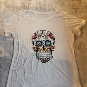 Amazon White Short Sleeve Tee with Colorful Sugar Skull Graphic